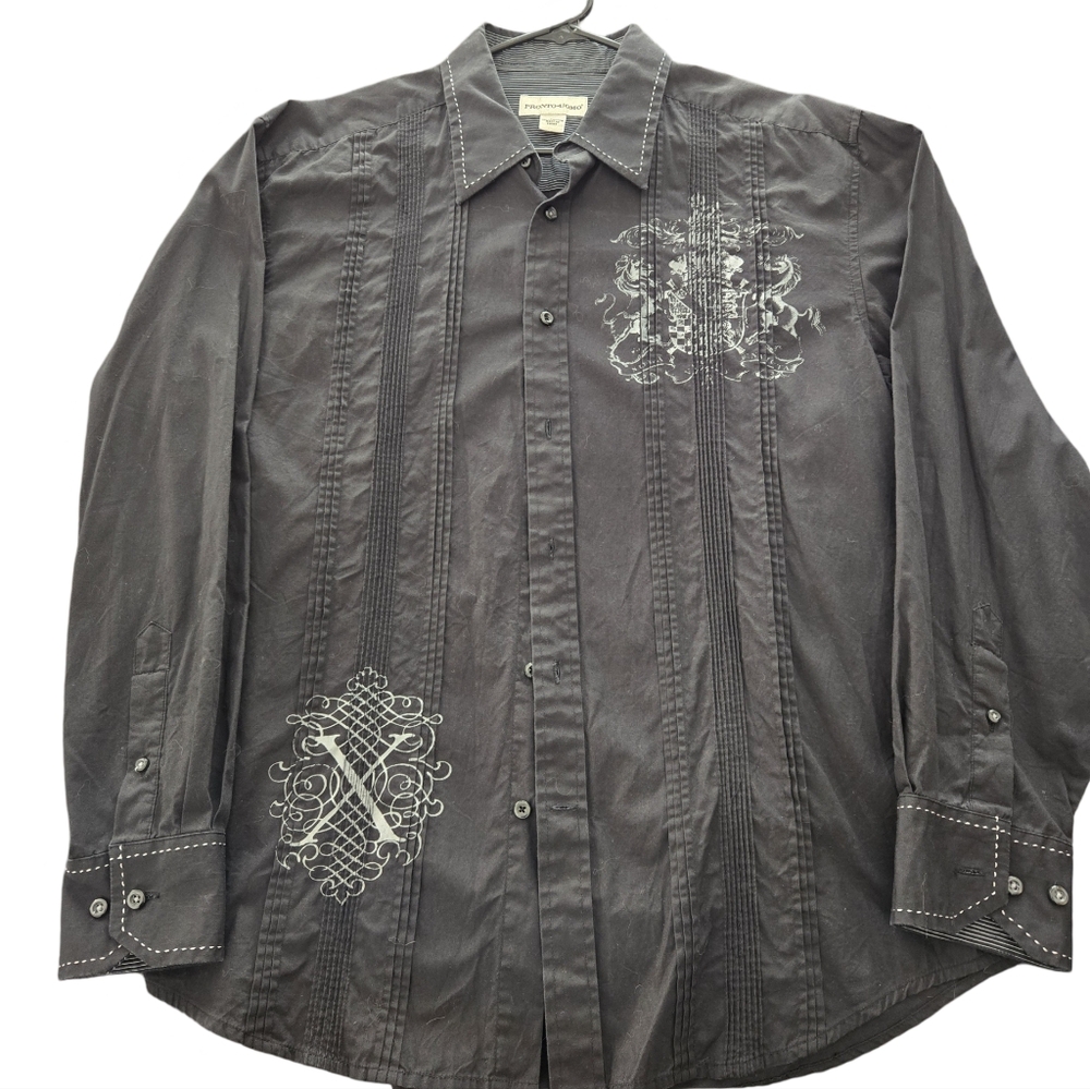 Vintage Pronto Uomo Black Button Down Dress Shirt Sola Virtus Invicta - L